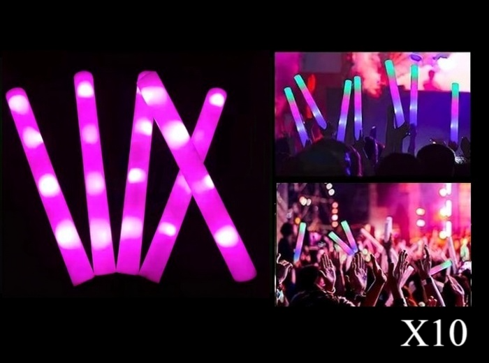 Lot de 10 Bâtons Lumineux LED en Mousse Rose 47cm