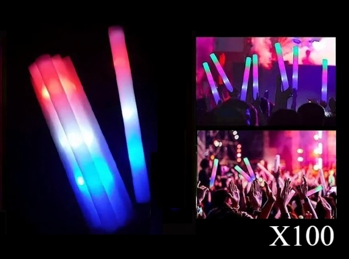 Lot de 100 Bâtons Lumineux LED en Mousse Tricolores France 47cm (Bleu, Blanc, Rouge)