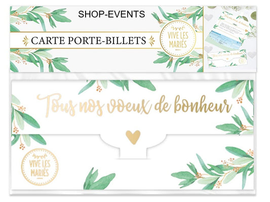 Carte Porte-Billet Mariage – Blanche avec Effet Doré "Tous Nos Vœux de Bonheur"