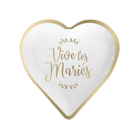 Assiettes Cœur Mariage 6 PCS – Vaisselle Jetable Élégante Blanche et Dorée "Vive les Mariés"