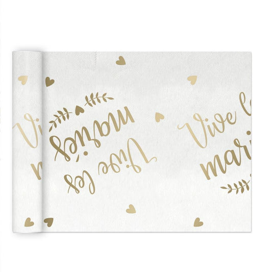 Chemin de Table Mariage – 4 m Blanc avec Cœurs Dorés et "Vive les Mariés"