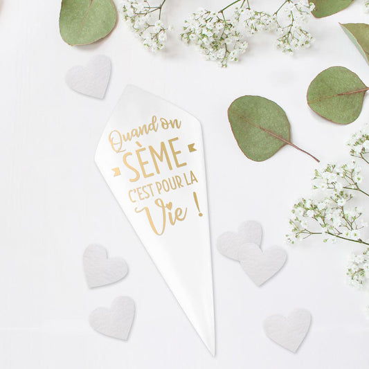 10 Cornets à Confettis Mariage Coeur Blanc