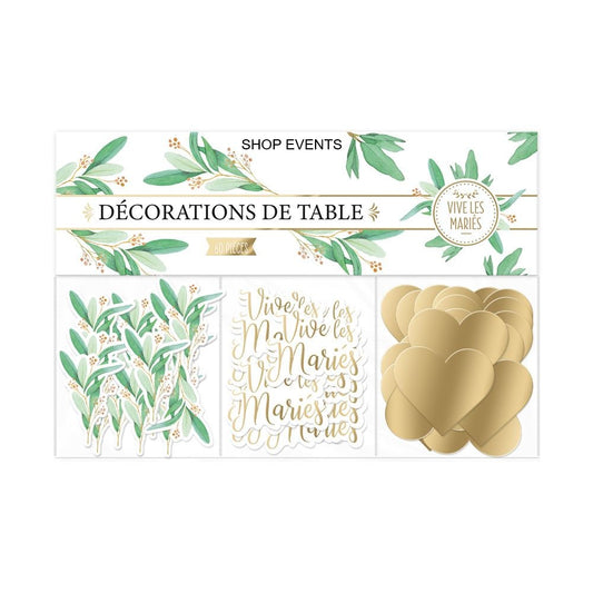 Décoration de Table Mariage 60 PCS – Cœurs, Tiges d’Olivier et "Vive les Mariés"