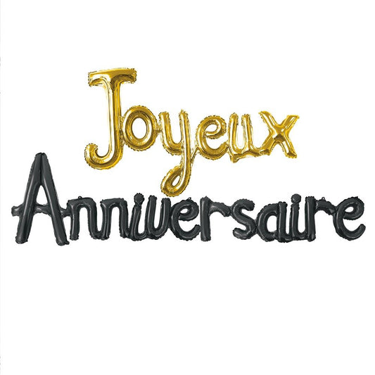 Guirlande "Joyeux Anniversaire" – Ballons Gonflables Dorés et Noirs avec Fils de Suspension