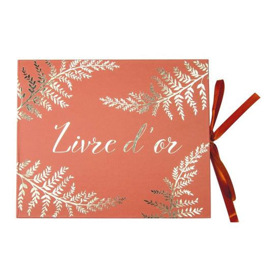 Livre d'Or Mariage rouge et Or – Motif Fougère avec Rubans  - 80 pages