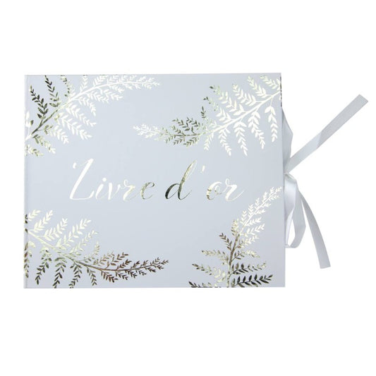 Livre d'Or Mariage Blanc et Or – Motif Fougère Élégant (80 Pages)