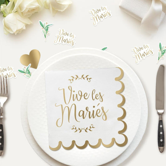Serviettes Chic Mariage 10 PCS – Bord Doré et Inscription "Vive les Mariés"